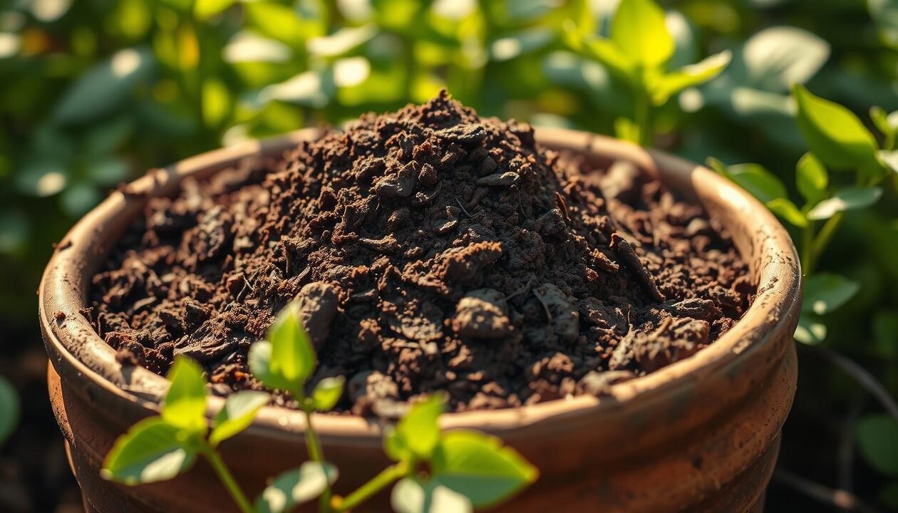A well-lit, high-resolution photograph of a rich, dark brown organic fertilizer, with a soft focus on the foreground. The fertilizer is presented in a rustic, earthenware pot, surrounded by lush, verdant foliage in the background. The lighting is warm and natural, creating a sense of earthy, sustainable abundance. The composition emphasizes the texture and vibrancy of the fertilizer, highlighting its nutrient-dense properties. The overall mood is one of ecological harmony and the successful transformation of organic waste into a valuable soil amendment.