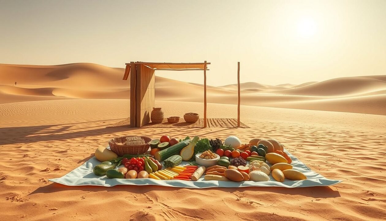 A well-organized and visually striking illustration of a passive cooling system for food storage, showcased in a desert environment. The foreground depicts an open-air arrangement of various food items, artfully placed to maximize airflow and natural cooling. The middle ground features a simple yet effective structure, resembling a traditional desert shelter or windcatcher, with carefully positioned openings to channel the prevailing winds. In the background, a vast, sun-drenched desert landscape sets the scene, with rolling dunes and a cloudless sky that accentuates the natural, off-grid nature of the cooling system. The lighting is soft and diffused, creating a sense of tranquility and efficiency. The overall composition and attention to detail convey the practical and sustainable nature of this innovative food preservation method.