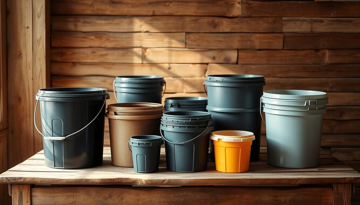 A wooden table bathed in soft, natural light, holding an array of sturdy plastic buckets and barrels, ready for a manual laundry session. The scene conveys a sense of rustic simplicity and self-reliance, with the various washing vessels positioned neatly, awaiting their task. In the background, a weathered wooden wall provides a warm, textured backdrop, while the overall composition suggests a cozy, homely atmosphere conducive to the article's "hands-on" approach to laundry. The lighting, angle, and level of detail capture the practical and functional nature of this essential step in the manual washing process.