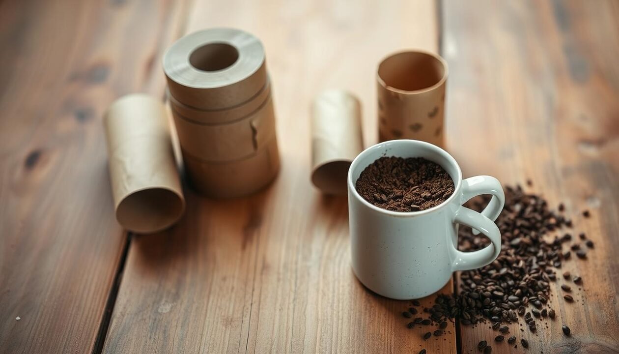 A wooden table, its surface worn with time, is the canvas for an array of materials. In the foreground, a stack of recyclable toilet paper rolls and a ceramic mug brimming with freshly brewed coffee grounds sit side by side. The warm, earthy tones of the wood are complemented by the muted hues of the utilitarian objects. Soft, diffused lighting from above casts gentle shadows, creating a sense of depth and texture. This simple, uncluttered arrangement evokes a homely, artisanal ambiance, ready to inspire the creation of a unique, eco-friendly coffee-infused decor piece.