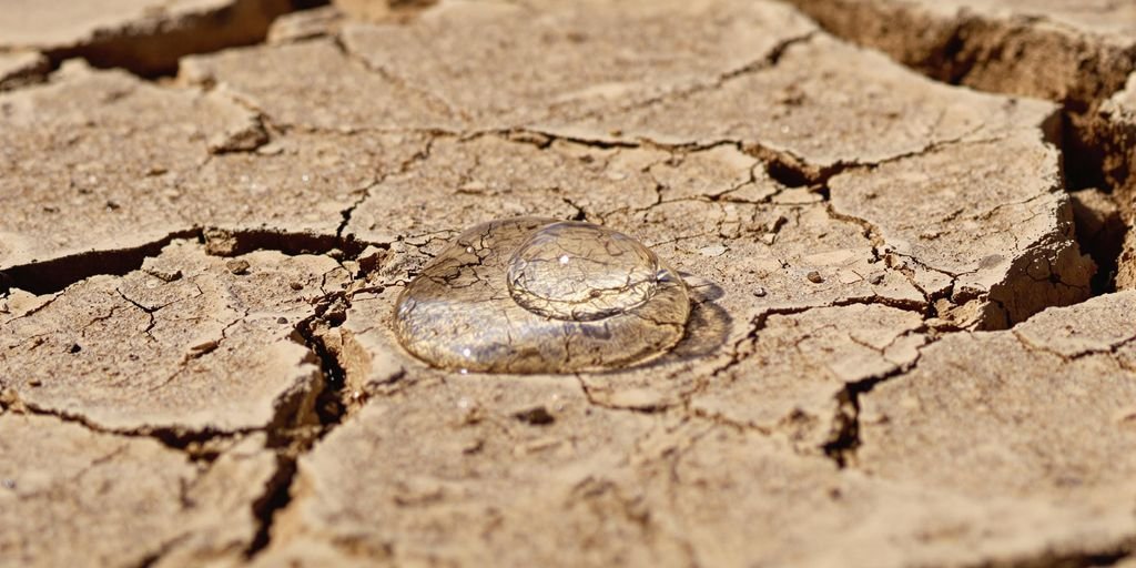Gouttes d'eau tombant sur une terre craquelée.