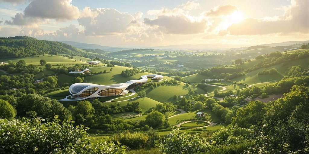 Paysage français futuriste avec des éléments naturels et urbains.