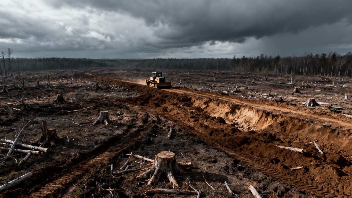 Paysage dévasté par la déforestation avec un bulldozer.