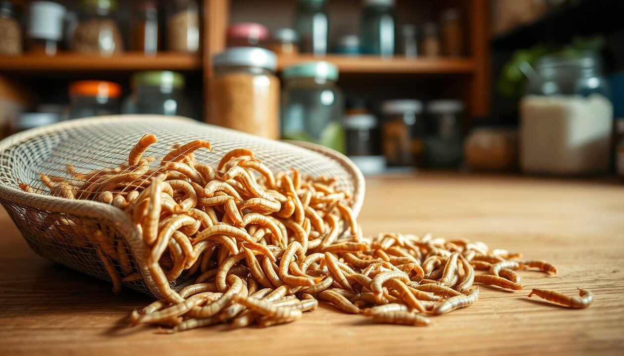 A close-up view of a wooden table with a mesh container filled with mealworms, their wiggling bodies creating a captivating texture. Soft, diffused lighting illuminates the scene, casting gentle shadows that accentuate the intricate details of the worms. In the background, blurred shelves holding various jars and containers, suggesting a well-organized home environment for this insect-rearing endeavor. The overall atmosphere is one of careful attention and dedication to the daily maintenance of this mealworm farm, reflecting the "Entretien Quotidien de l'Élevage" section of the article.