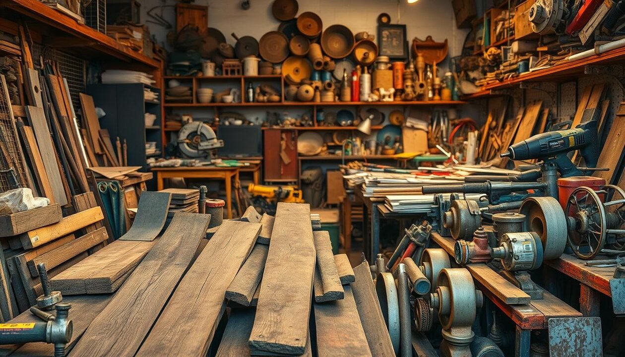 A cluttered workshop filled with reclaimed materials, the foreground dominated by an assortment of weathered wood planks, rusted metal sheets, and repurposed machine parts. In the middle ground, a variety of tools and equipment - hammers, saws, power drills - are neatly arranged, ready for DIY projects. The background reveals shelves and workbenches bursting with an eclectic collection of salvaged items, hinting at the creative potential of these reclaimed materials. Warm, directional lighting casts dramatic shadows, emphasizing the textural qualities of the found objects. The overall mood is one of industrial chic, inspiring the viewer to consider the possibilities of upcycling and sustainable design.
