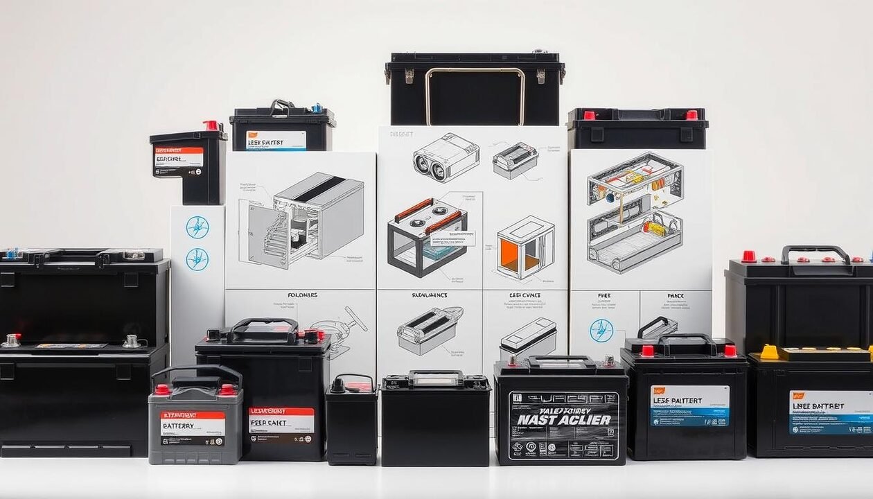 A detailed array of different types of lead-acid batteries, showcased in a well-lit studio setting. The foreground features various battery sizes and styles, including standard car batteries, deep-cycle marine batteries, and valve-regulated sealed batteries. The middle ground displays technical cross-sections, highlighting the internal components and construction. The background blends a soft, neutral gradient, allowing the batteries to take center stage. The overall composition conveys a sense of technical precision and educational clarity, suitable for illustrating the "Types of Lead-Acid Batteries" section of the article.
