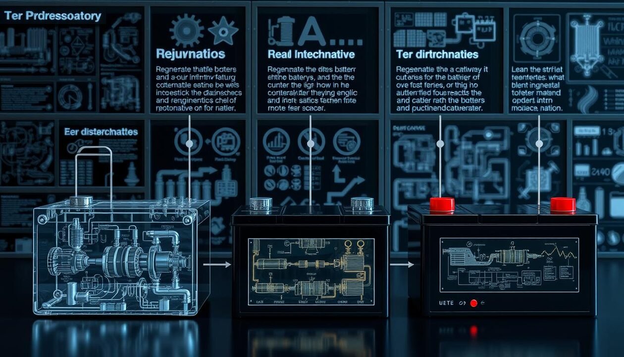 A detailed technical diagram showcasing five distinct techniques for regenerating lead-acid batteries. The foreground depicts the battery components and chemical processes involved in rejuvenation, rendered with precise engineering schematics and cutaway views. The middle ground features labeled icons and infographic elements illustrating the key steps, while the background subtly blends technical diagrams, circuit diagrams, and scientific charts to establish an authoritative, educational tone. Crisp, high-contrast lighting accentuates the technical details, and a shallow depth of field focuses the viewer's attention on the core techniques. The overall composition conveys a sense of practical, informative guidance for prolonging the lifespan of lead-acid batteries.