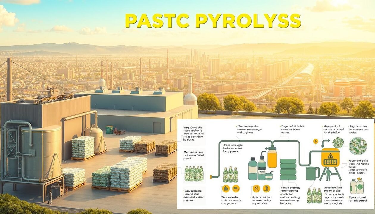 A detailed, technical illustration showcasing the advantages of plastic pyrolysis. In the foreground, a schematic diagram of the pyrolysis process, with clear labels and annotations highlighting the key steps and benefits. In the middle ground, a sleek, modern factory facility, with stacks of neatly packaged pyrolysis products and a team of technicians overseeing the operation. In the background, a panoramic cityscape, suggesting the wider environmental and economic impacts of this sustainable waste-to-energy technology. The scene is bathed in a warm, golden light, conveying a sense of progress and innovation. The overall composition and style should be professional, informative, and visually compelling, suitable for inclusion in a technical article on the topic.