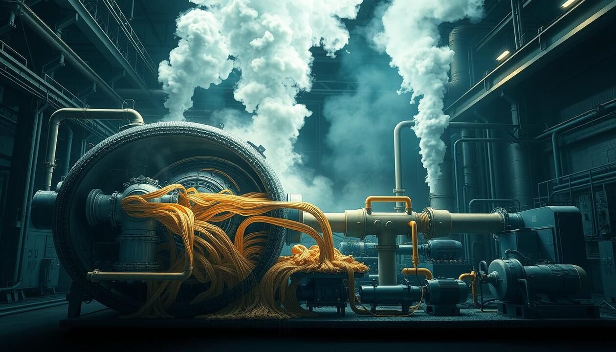 A highly detailed cross-section view of the plastic pyrolysis process, captured with a technical, scientific illustration style. In the foreground, a large industrial reactor vessel with a complex internal structure of chambers, pipes, and valves. Flowing through the reactor, streams of molten plastic material and thick plumes of vapor. In the middle ground, various support equipment like pumps, heat exchangers, and control panels. The background features a dimly lit industrial setting with high ceilings, beams, and shadows, suggesting a sense of scale and industrial grit. The lighting is dramatic, with sharp contrasts and highlights accentuating the mechanical components. The overall atmosphere is one of technical precision and scientific rigor.