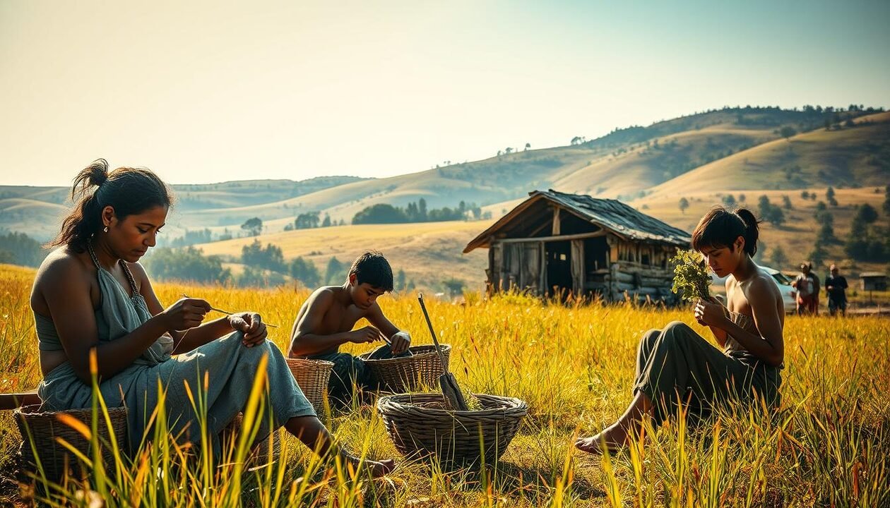 A serene low-tech scene unfolding in a sun-dappled meadow. In the foreground, a group of people engaged in simple, tactile activities - weaving baskets, tending a small garden, repairing a wooden tool. Their faces are tranquil, their movements deliberate. The middle ground reveals a rustic, hand-built shelter, its weathered timbers and thatched roof suggesting a self-sufficient, harmonious existence. Farther back, the undulating hills are dotted with orchards and groves, hinting at a sustainable, localized food system. Warm, natural lighting casts a golden glow, evoking a sense of timelessness and connection to the land. The overall atmosphere is one of quiet, intentional living - a powerful contrast to the fast-paced, high-tech modern world.