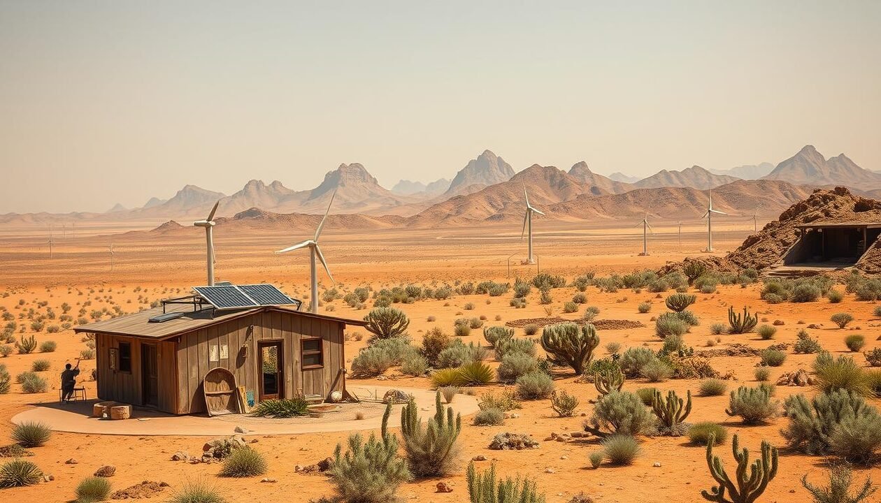 A vast, arid biosphere stretches before the viewer, a low-tech oasis in the heart of a sun-baked desert. In the foreground, a weathered, off-grid dwelling stands steadfast, its solar panels and wind turbines harnessing the elements. The middle ground reveals a carefully cultivated garden, where indigenous plants thrive in harmony with the harsh environment. In the distance, rugged, sun-bleached hills rise, their sharp silhouettes etched against a hazy sky. The scene conveys a sense of self-reliance, sustainability, and the human spirit's resilience in the face of adversity. Warm, golden lighting casts deep shadows, accentuating the textures and tones of this low-tech, desert-adapted ecosystem.
