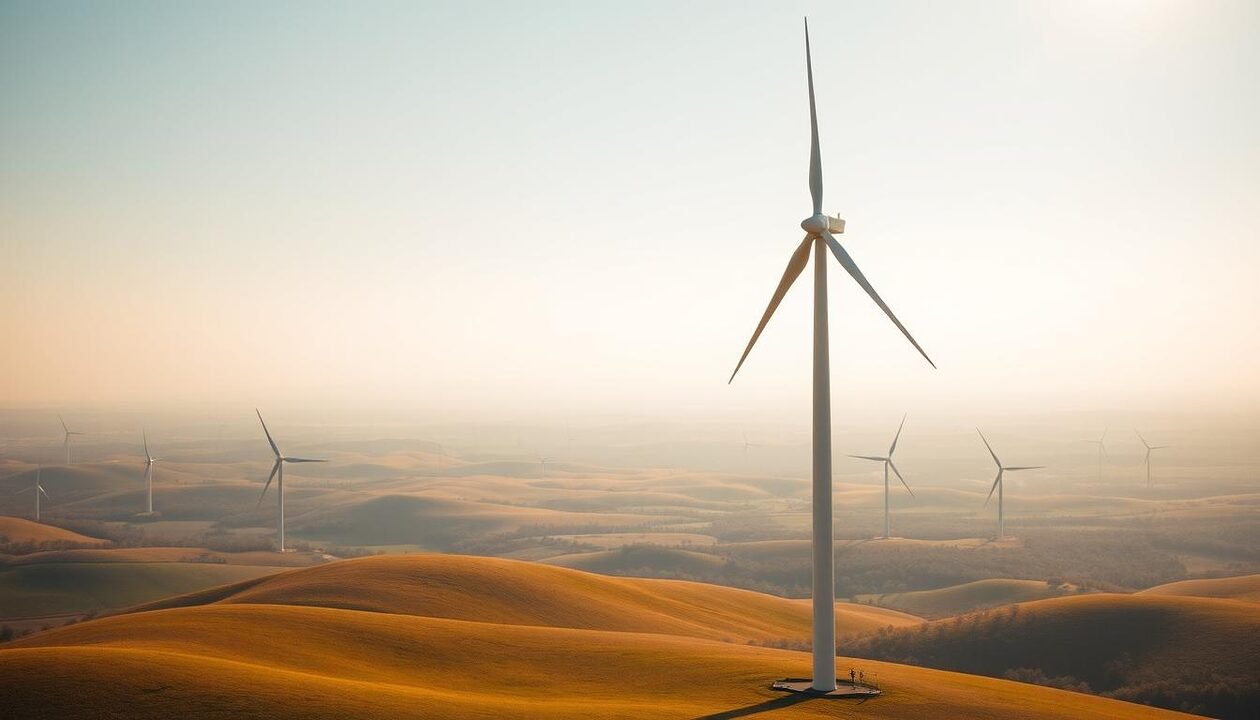 A vast expanse of rolling hills, bathed in the warm glow of the sun. In the foreground, a towering wind turbine stands proud, its blades gracefully slicing through the air. The turbine's sleek, modern design is a testament to engineering prowess, harnessing the power of the wind to generate clean, renewable energy. In the middle ground, a series of smaller wind turbines dot the landscape, each contributing its share to the overall energy production. The turbines are arranged in a strategic pattern, optimizing their efficiency and maximizing the harvesting of the abundant wind resource. In the background, a patchwork of fields and forests stretches out, a serene backdrop to the technological marvel of the wind farm. The scene conveys a harmonious integration of nature and technology, where the pursuit of sustainable energy coexists in perfect balance with the natural environment. The lighting is soft and diffused, creating a sense of tranquility and highlighting the graceful movement of the turbine blades. The