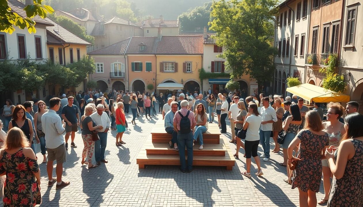 A vibrant community gathering in a sun-dappled town square, where a central wooden platform stands as a focal point. The platform's simple, minimalist design invites interaction, with locals of all ages mingling, chatting, and collaborating. Soft, natural lighting illuminates the scene, evoking a sense of warmth and connection. In the background, historic buildings and lush greenery create a picturesque setting, reflecting the town's commitment to sustainable, low-tech solutions. The overall atmosphere conveys a spirit of civic pride, social responsibility, and a shared passion for design that enhances community life.