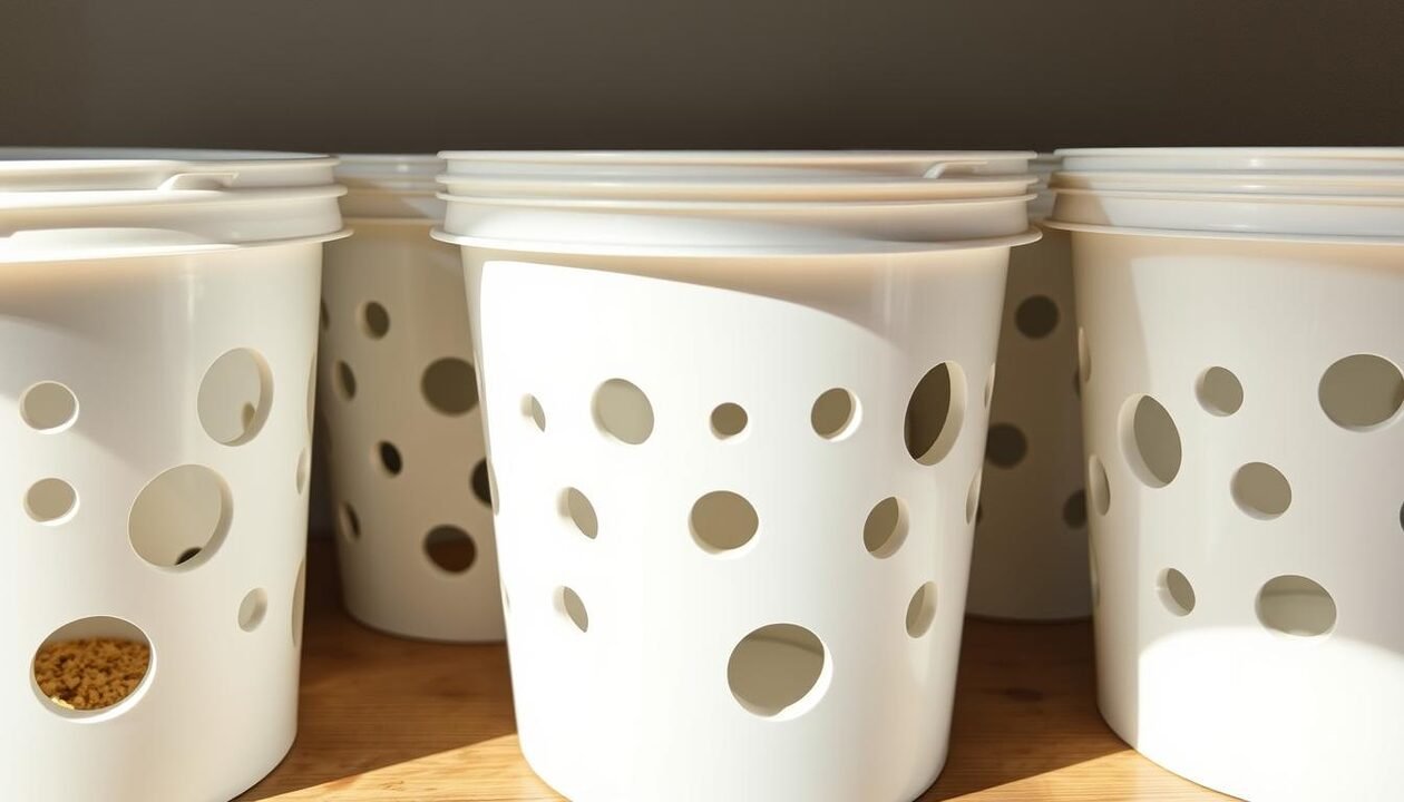 A well-lit, close-up image of several white plastic buckets or pails arranged in a row, each containing multiple round holes or perforations of varying sizes, sizes, and patterns. The holes should be clearly visible, highlighting the DIY nature of a homemade vermicomposting system. The buckets are placed on a wooden surface, with a neutral background that emphasizes the practical, utilitarian nature of the setup. The lighting is natural and slightly diffused, casting soft shadows that accentuate the textures and details of the buckets. The overall composition should feel balanced and visually interesting, with a focus on the functional aspects of the "trous dans les seaux" design.