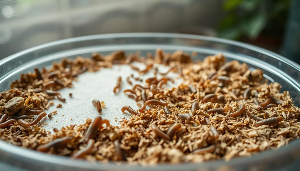 A well-lit, high-quality, detailed closeup image of a substrate installation for a domestic mealworm farm. In the foreground, a shallow plastic container filled with a carefully layered substrate of crushed oak leaves, bran, and moistened paper towels. The middle ground shows a scattering of mealworm larvae crawling and burrowing through the substrate. The background is softly blurred, providing visual focus on the intricate textures and organic components of the substrate preparation. Captured with a macro lens at a shallow depth of field to emphasize the delicate, naturalistic aesthetic of the setting.