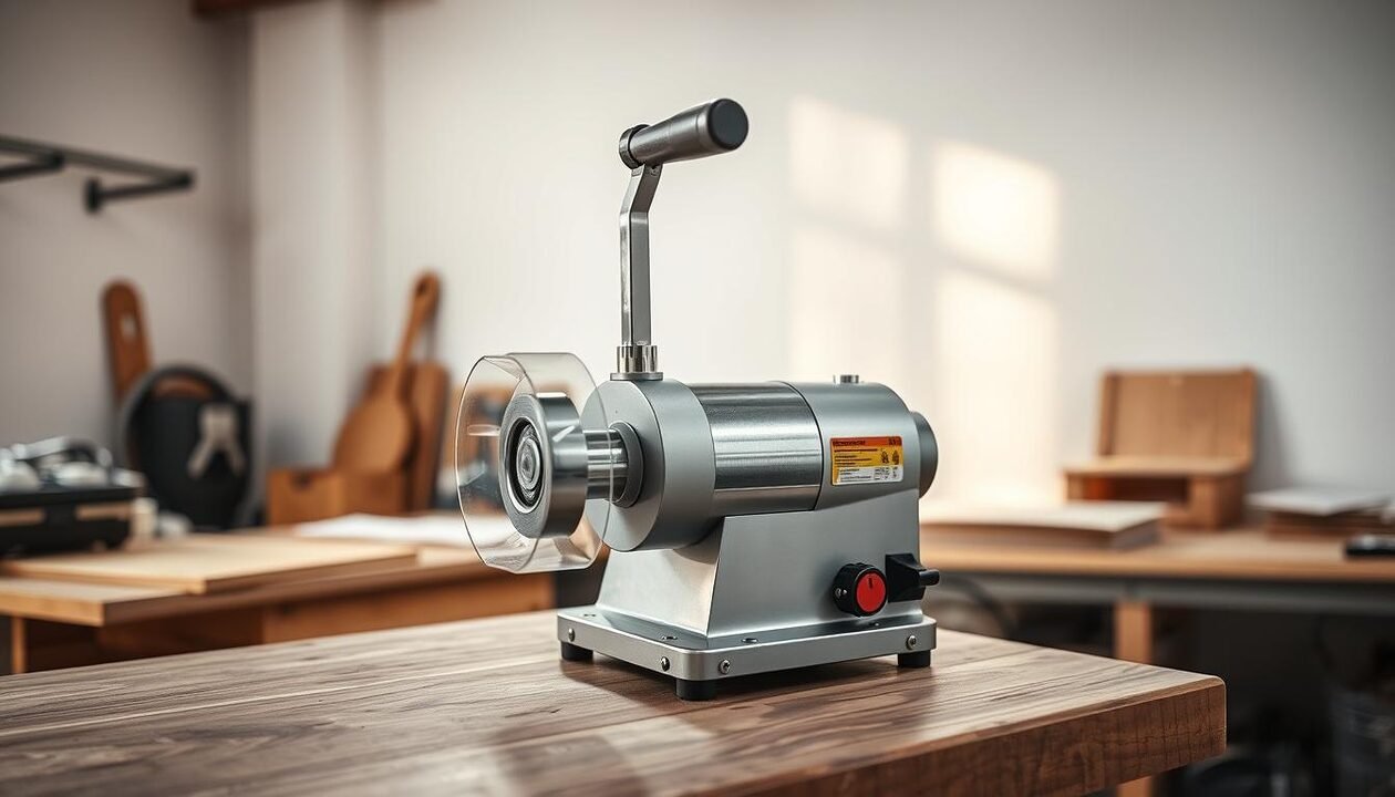 A well-lit, high-resolution photograph of a manual shredder or grinder on a wooden workbench. The device has a sturdy metal frame, a hand-operated lever, and various safety features like a transparent safety guard and a power switch. The shredder is positioned in the foreground, with a clutter-free background featuring clean, white walls and natural lighting streaming in from a window. The image conveys a sense of functionality, durability, and attention to user safety, reflecting the "Conseils d'utilisation et de sécurité" (Usage and Safety Tips) section of the article on manual shredders.
