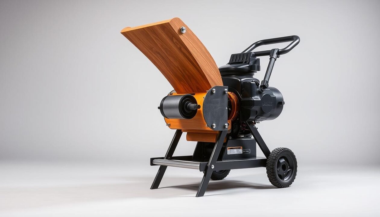 A well-lit studio shot of a manual garden shredder or wood chipper, showcasing its sturdy construction and ergonomic design. The device is positioned on a neutral background, allowing it to be the focal point. Crisp lighting highlights the metal components and the textured wooden or plastic housing, conveying a sense of quality and durability. The angle is slightly elevated, providing a clear view of the device's controls and feed chute. The overall composition and styling suggest a practical, functional tool suitable for domestic composting and waste reduction needs.