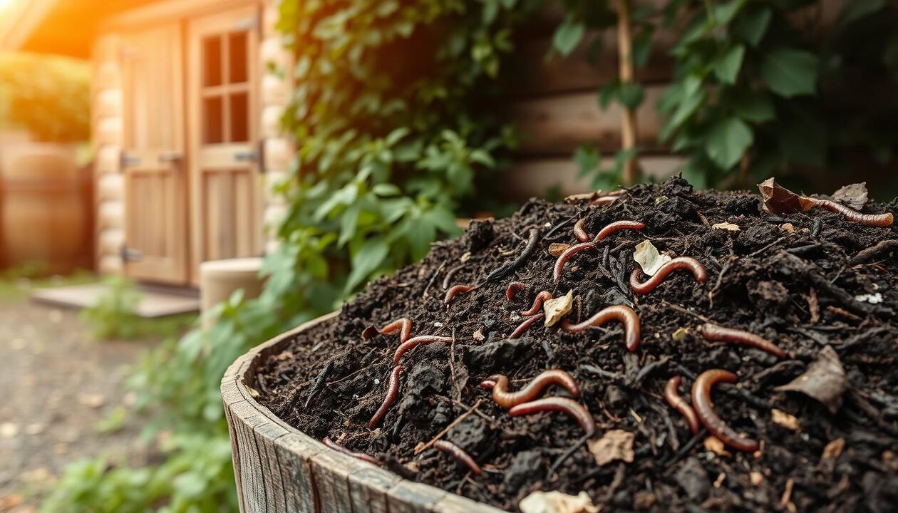 A well-maintained compost bin with rich, dark humus in the foreground, surrounded by lush, verdant foliage and a rustic wooden shed in the background. Warm, soft lighting gently illuminates the scene, creating a serene and inviting atmosphere. The compost bin features a mix of kitchen scraps, shredded paper, and other organic materials, with earthworms visibly working to break down the matter. The overall composition conveys a sense of sustainable, hands-on gardening and the importance of composting in a natural, eco-friendly environment.