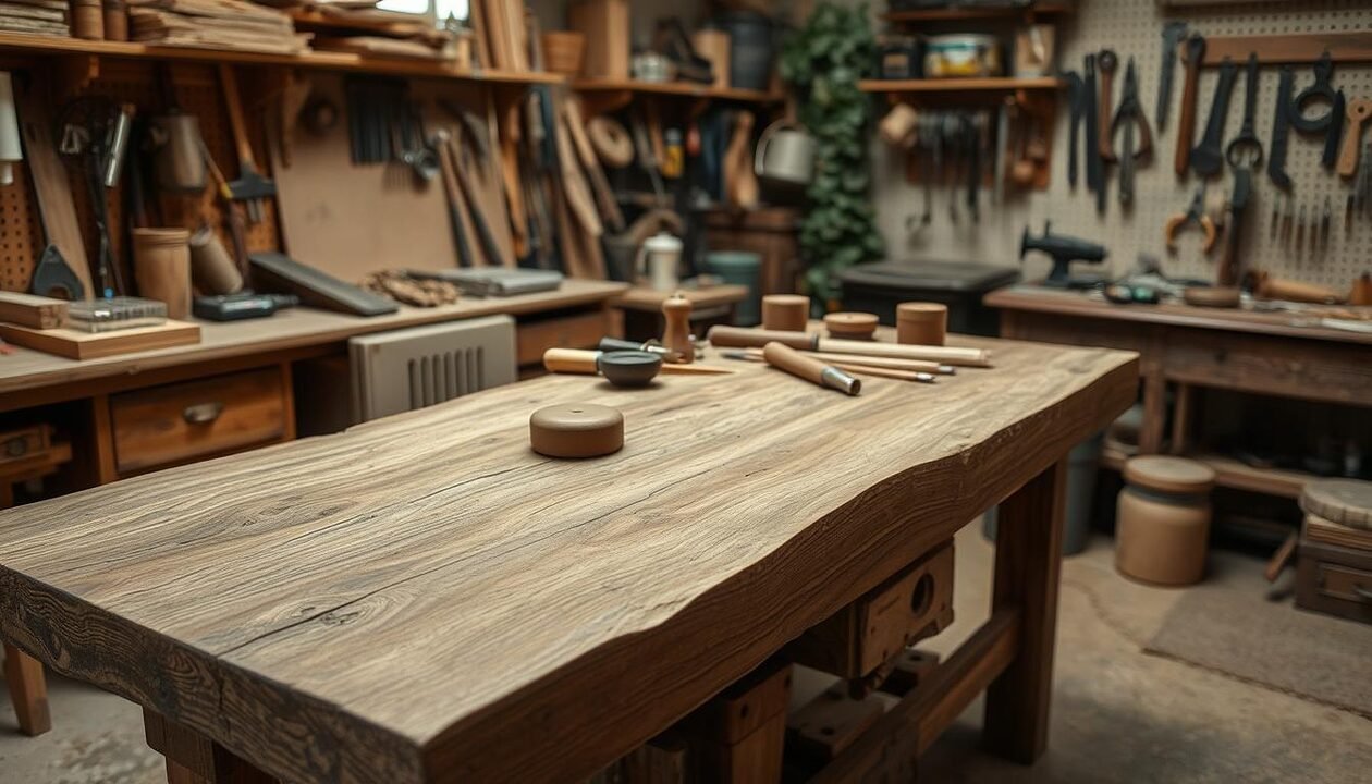 A well-worn, weathered wooden workbench in a cozy workshop, the natural grain and knots of the wood visible under a soft, warm lighting. An array of handcrafted tools and materials occupy the surface, hinting at the skilled work performed here. The background is filled with the comforting clutter of a maker's space - shelves of supplies, pegboards with hanging tools, and the occasional potted plant or vintage trinket. The overall atmosphere is one of artisanal craftsmanship, inviting the viewer to imagine the intricate, low-tech processes that take place on this versatile "Planche Bordeaux".