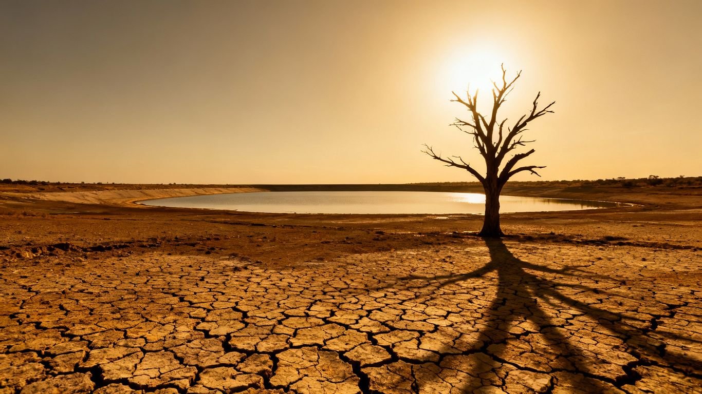 Terre craquelée et arbre sec sous un soleil ardent.