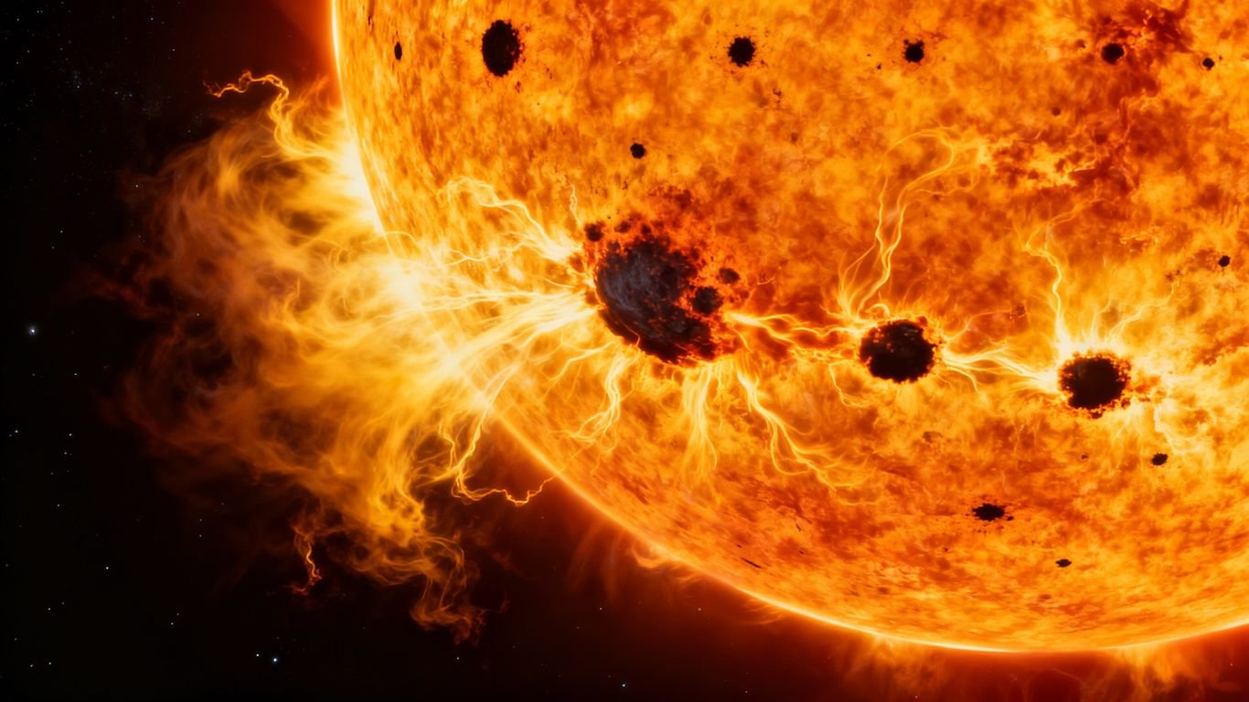 Surface solaire avec éruptions et taches solaires en gros plan.