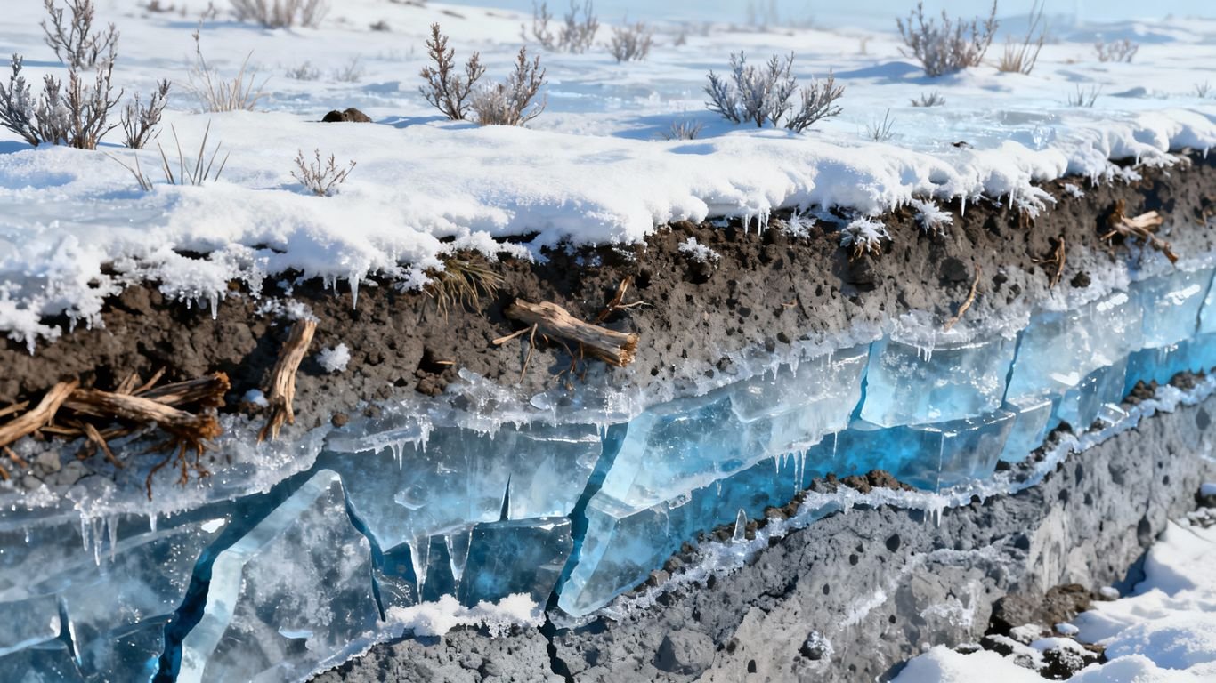 Coupe transversale de sol gelé en profondeur avec des éléments de glace.