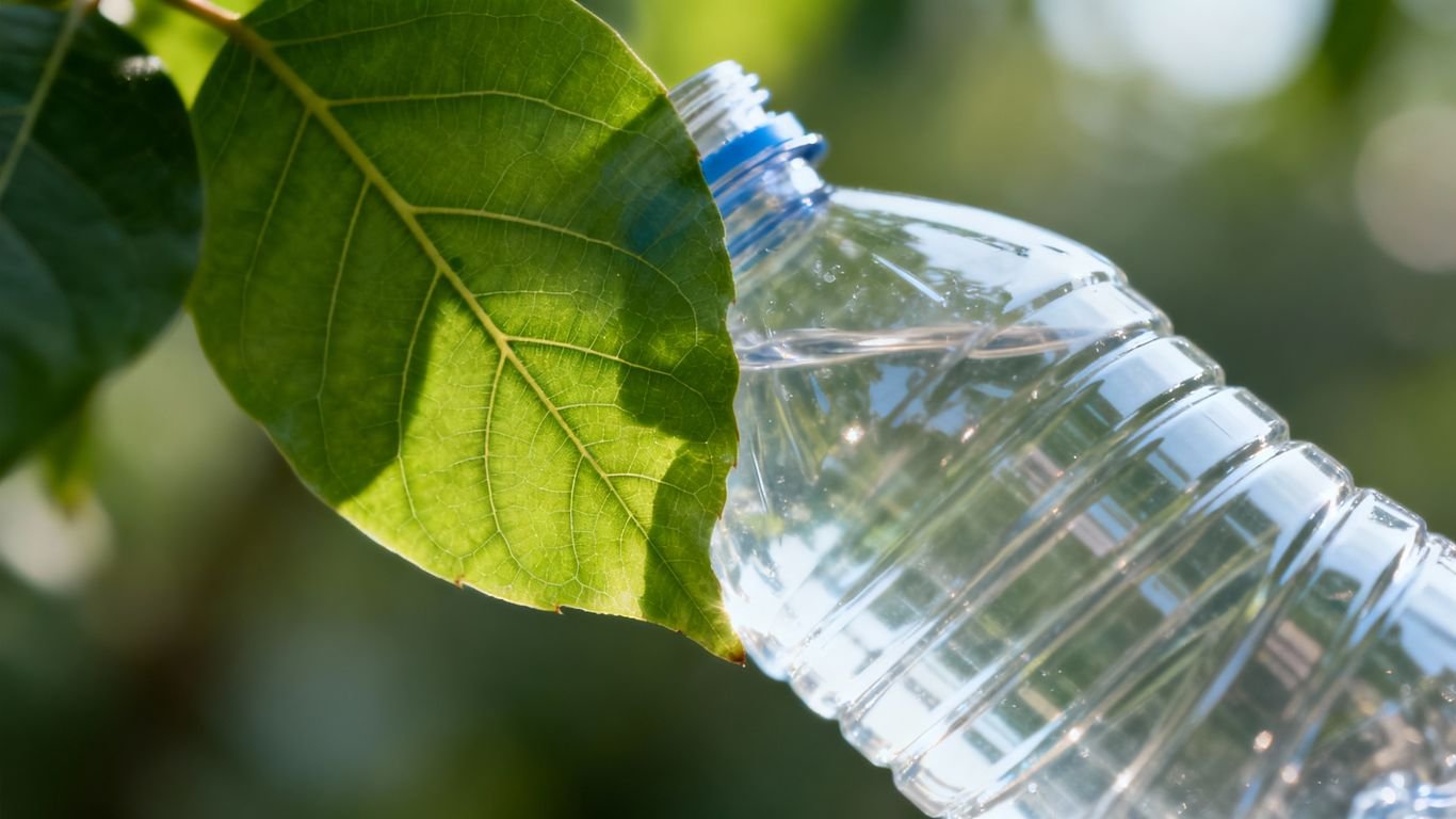 Feuille verte se transformant en bouteille en plastique.