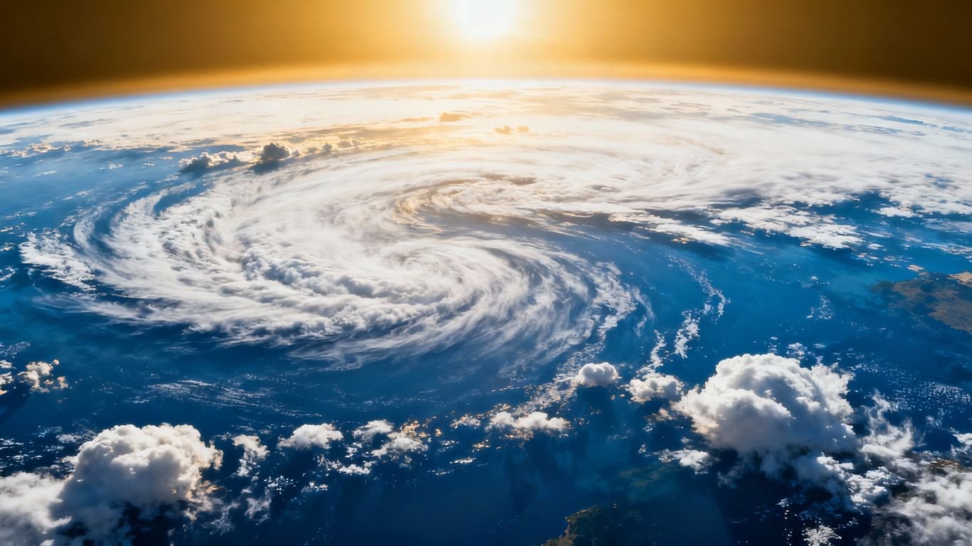 Terre vue de l'espace, baignée de soleil.