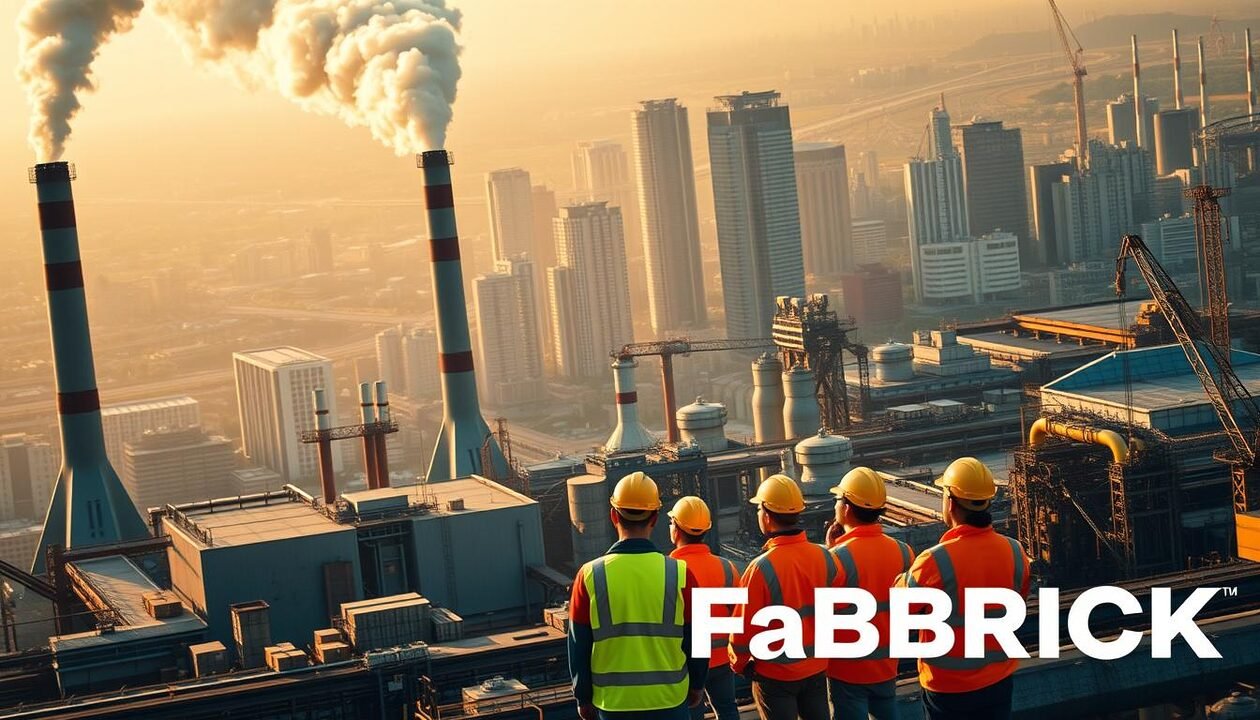 A large, modern industrial factory complex stands in the foreground, its towering smokestacks and sleek, angular architecture reflecting the technological advancements of the FabBRICK initiative. In the middle ground, a group of workers in high-visibility safety gear oversee the production lines, their expressions focused and determined. The background is dominated by a bustling cityscape, with skyscrapers and infrastructure hinting at the broader economic impact of this innovative manufacturing approach. The scene is illuminated by a warm, golden light, conveying a sense of progress and optimism. The overall composition suggests the transformative influence of FabBRICK on the local industry, blending tradition and modernity to drive sustainable growth.