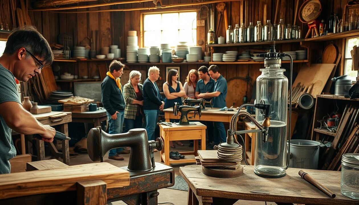 A rustic workshop filled with low-tech tools and homemade devices. In the foreground, a woodworker shapes a piece of timber with a hand-cranked lathe. Midground, a group of people gather around a basic workbench, examining an old-fashioned sewing machine and a simple but effective water filtration system. In the background, shelves hold an assortment of repurposed materials, from reclaimed metal to salvaged glass jars. Warm, natural lighting filters in through large windows, casting a cozy, inviting glow over the scene. The overall atmosphere conveys a sense of self-reliance, sustainability, and a reverence for traditional craftsmanship.