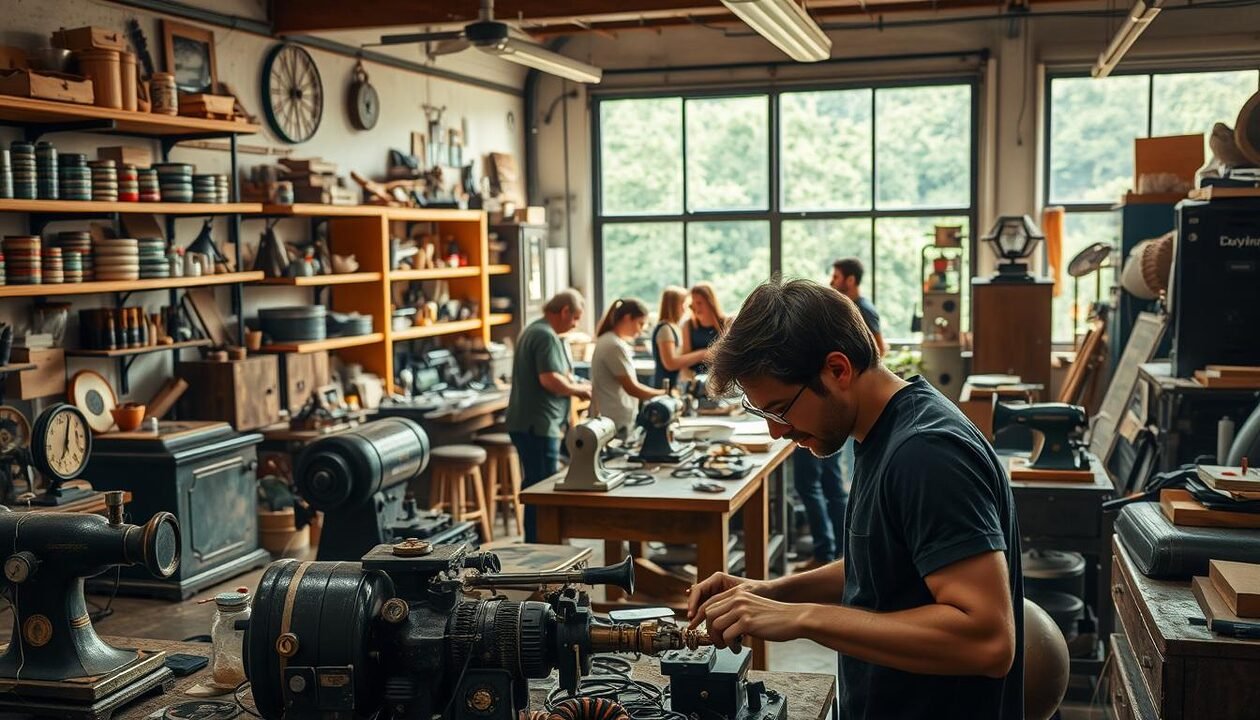 A workshop filled with vintage machines, tools, and upcycled materials, bathed in warm, natural lighting. In the foreground, a person tinkering with a low-tech device, their face focused and determined. Surrounding them, shelves displaying homemade products, repurposed furniture, and sustainable materials. In the middle ground, a team collaborating on a project, discussing designs and exchanging ideas. In the background, large windows overlooking a lush, green landscape, symbolizing the harmony between technology and nature. The atmosphere is one of creativity, resourcefulness, and a commitment to responsible, sustainable practices.
