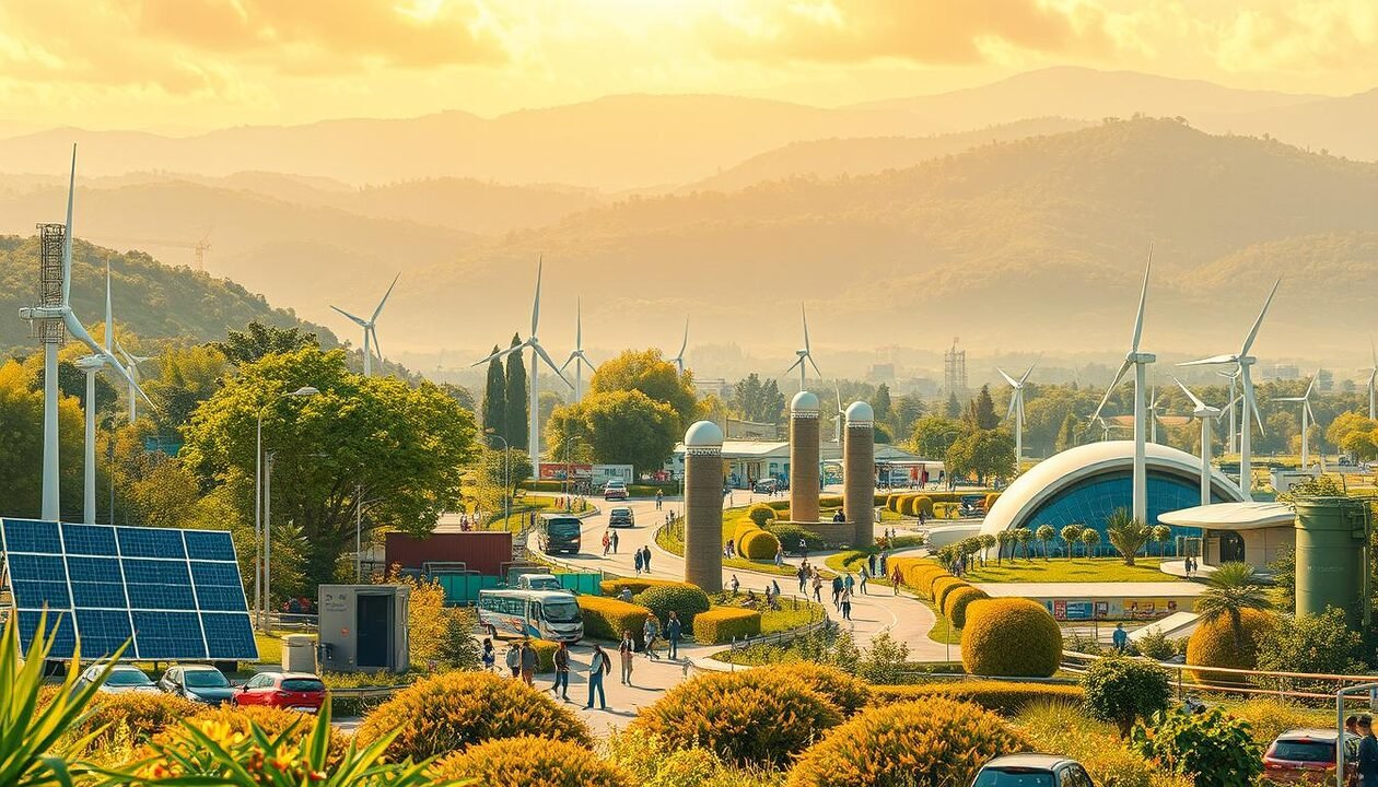 Prompt A vibrant, forward-looking landscape depicting the challenges and opportunities of ecological innovation. In the foreground, a diverse array of green technologies stand as symbols of progress - solar panels, wind turbines, and electric vehicles. The middle ground features bustling scenes of urban sustainability, with people navigating eco-friendly public spaces and infrastructure. In the background, a serene natural setting frames the scene, hinting at the harmony between human innovation and the environment. Warm, golden lighting casts an optimistic glow, conveying a sense of hope and possibility. The overall composition reflects the progressive spirit of the "Défis et perspectives de l'innovation écologique" theme.