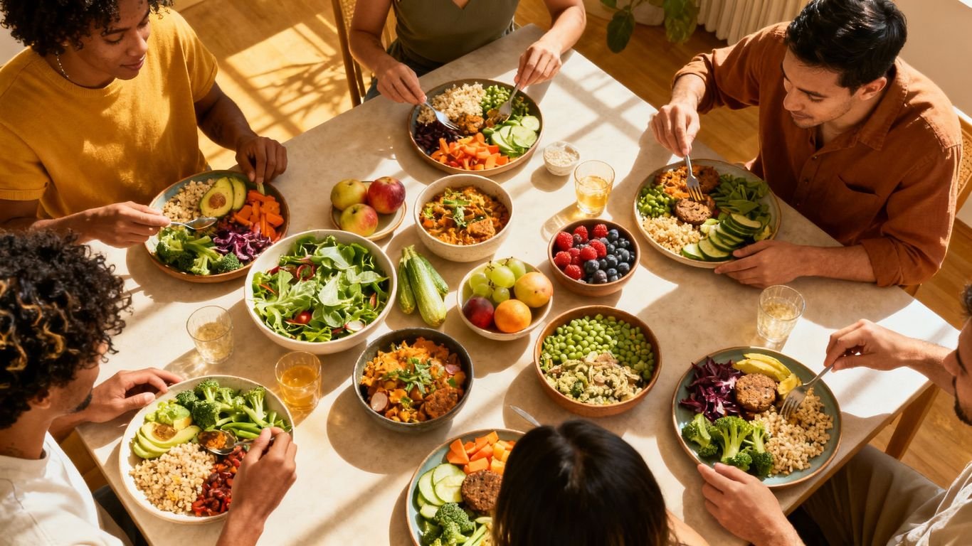 Repas vegan partagé entre amis autour d’une grande table.