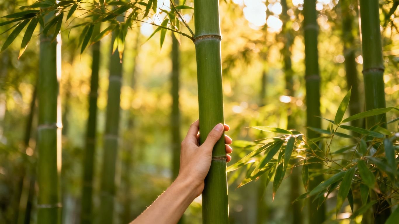 Forêt de bambou verdoyante, main touchant une tige devant.