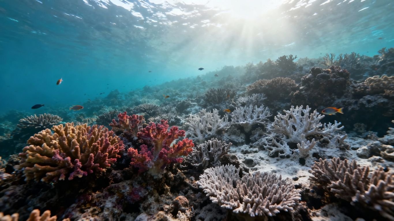 Coraux blanchis et colorés, poissons dans l'océan, lumière naturelle.