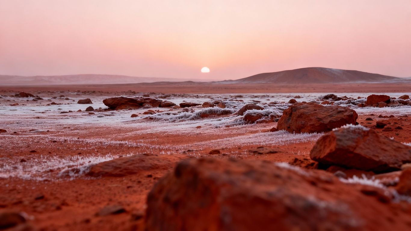 Paysage martien froid avec ciel rose et gel au sol