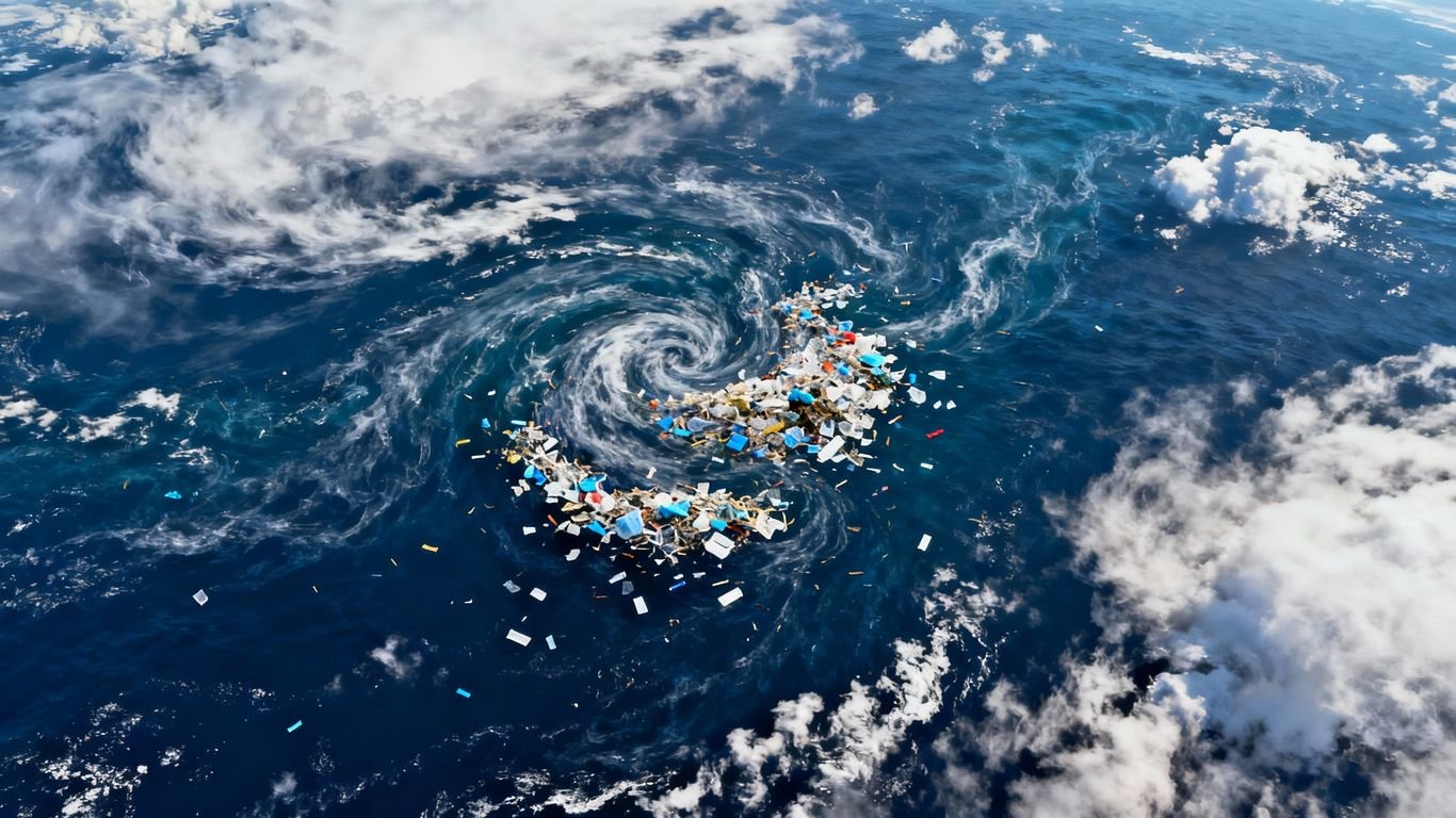 Vue satellite d’un continent de plastique dans l’océan Pacifique.