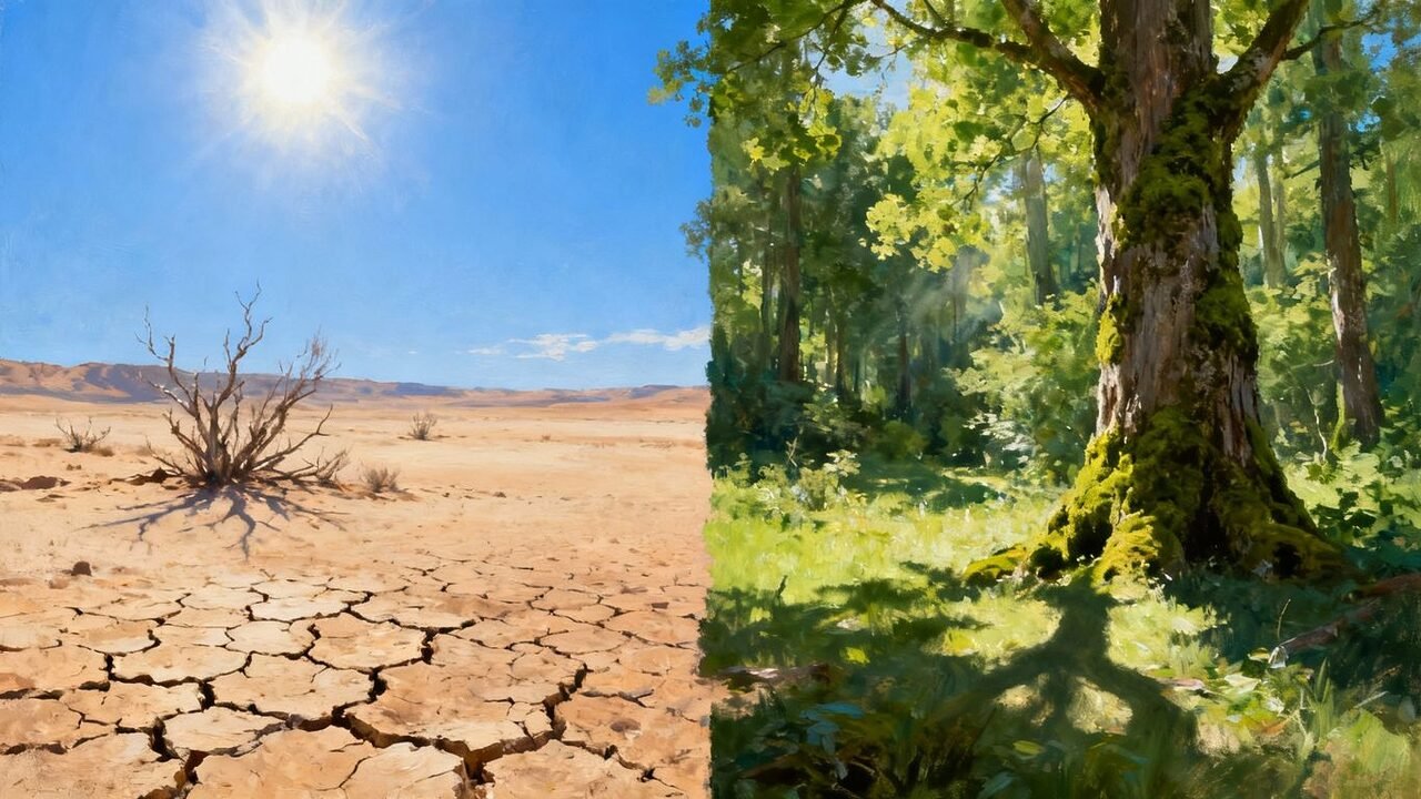 Paysage aride face à une forêt luxuriante.