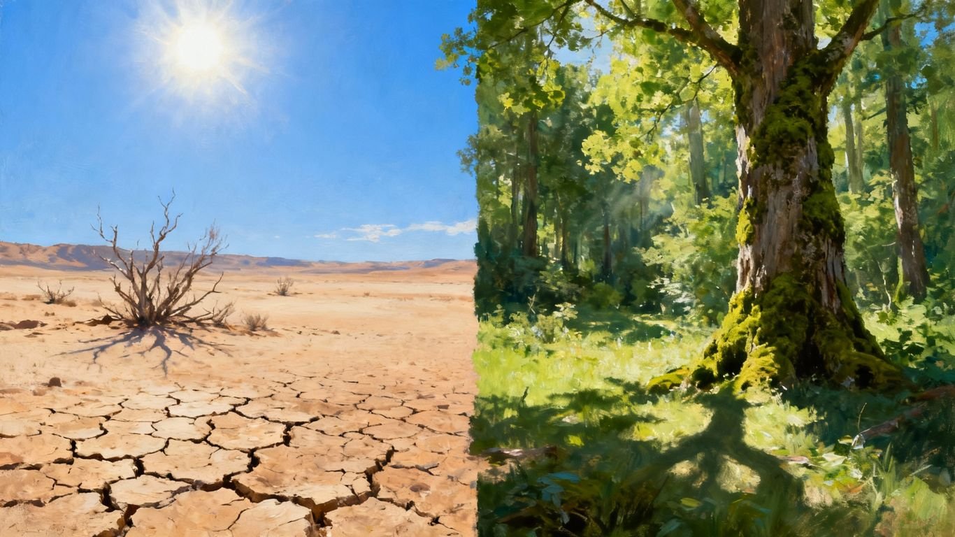 Paysage aride face à une forêt luxuriante.