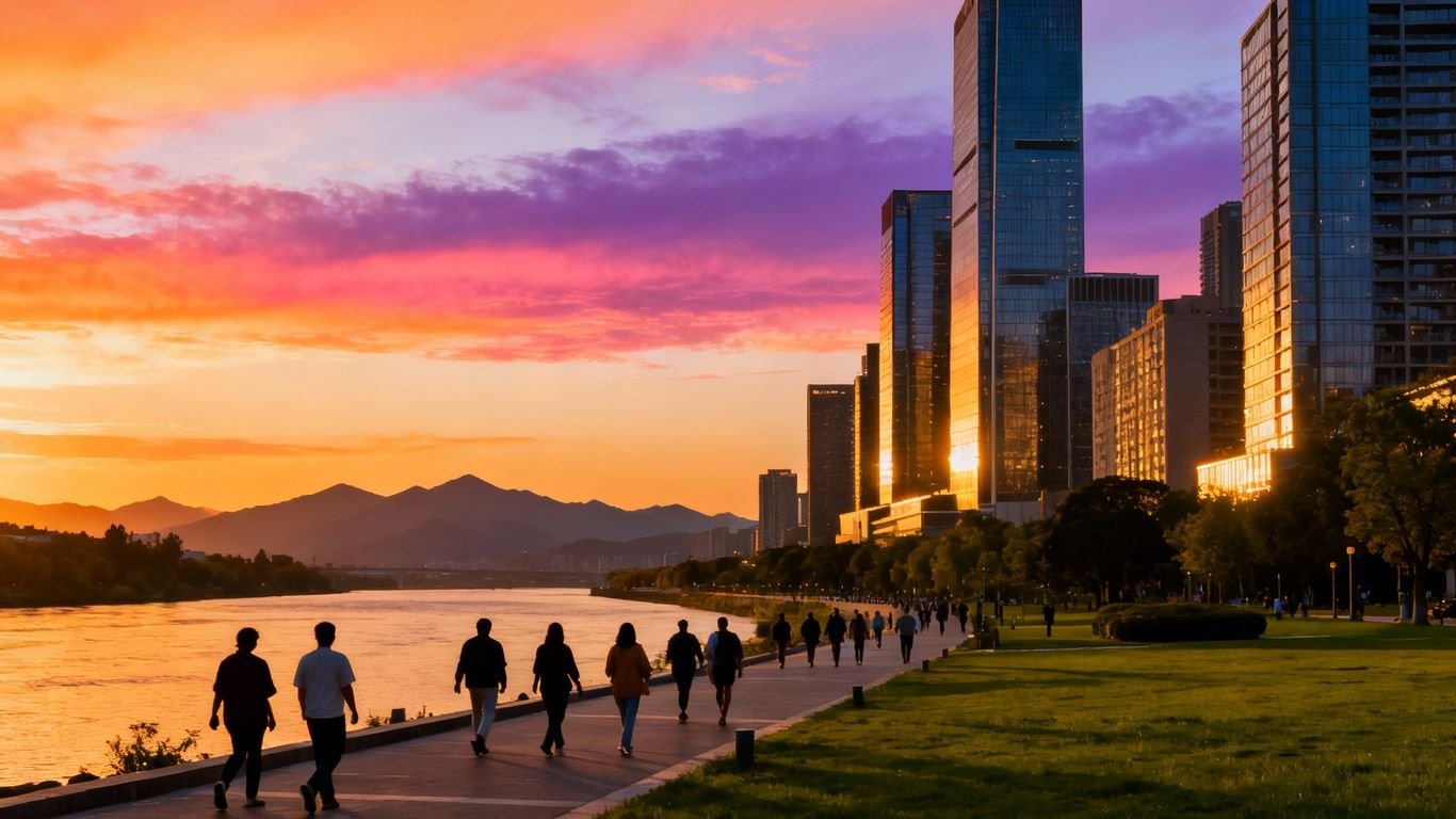 Paysage urbain moderne avec espaces verts et rivière.