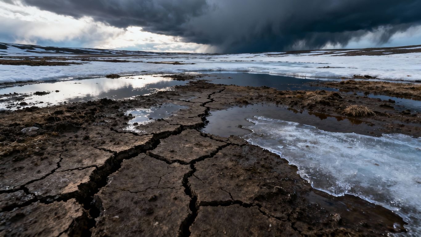 Permafrost en dégel sous un ciel menaçant.