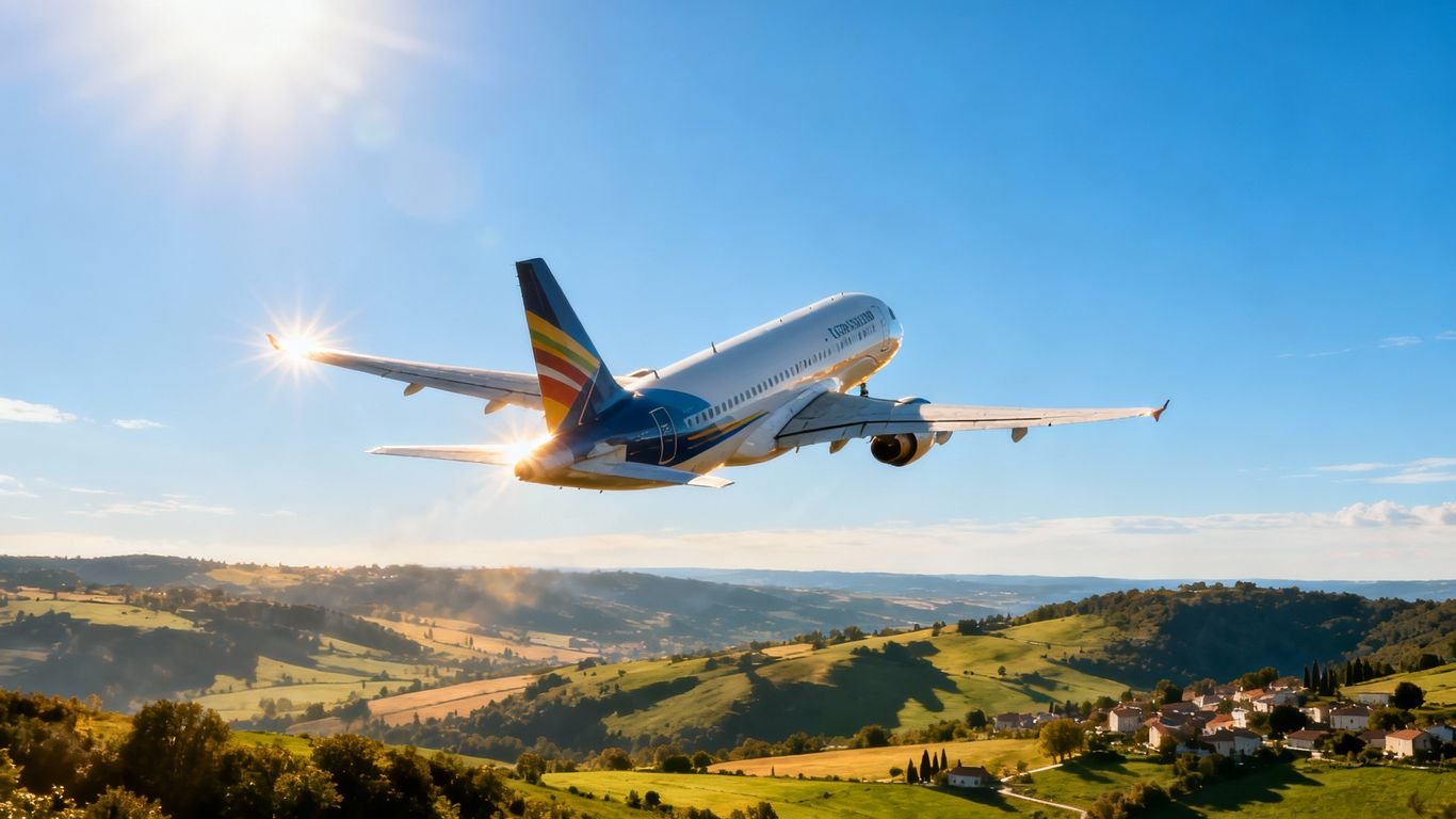 Avion volant au-dessus du paysage français.