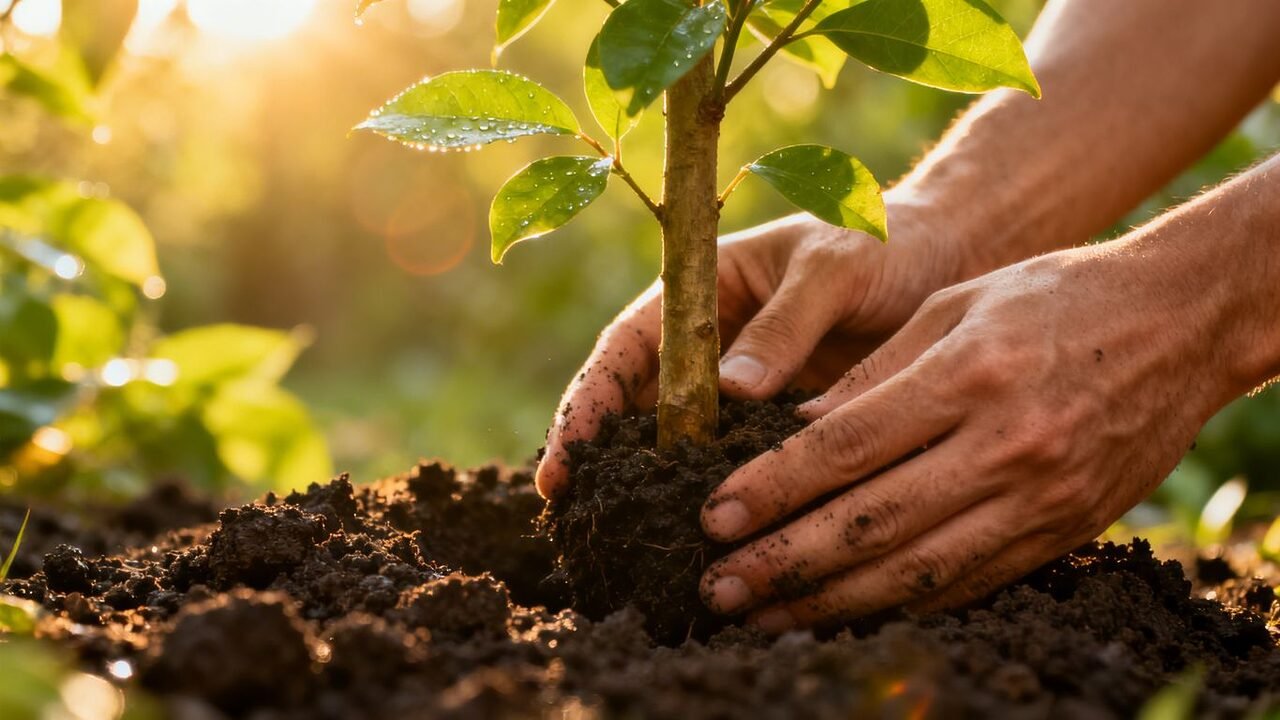 Mains plantant un jeune arbre dans la terre.