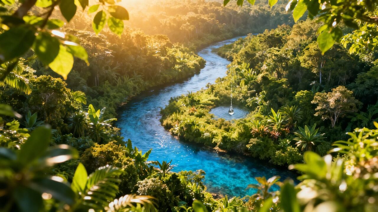 Forêt verte, rivière bleue, goutte d'eau, écosystème luxuriant.