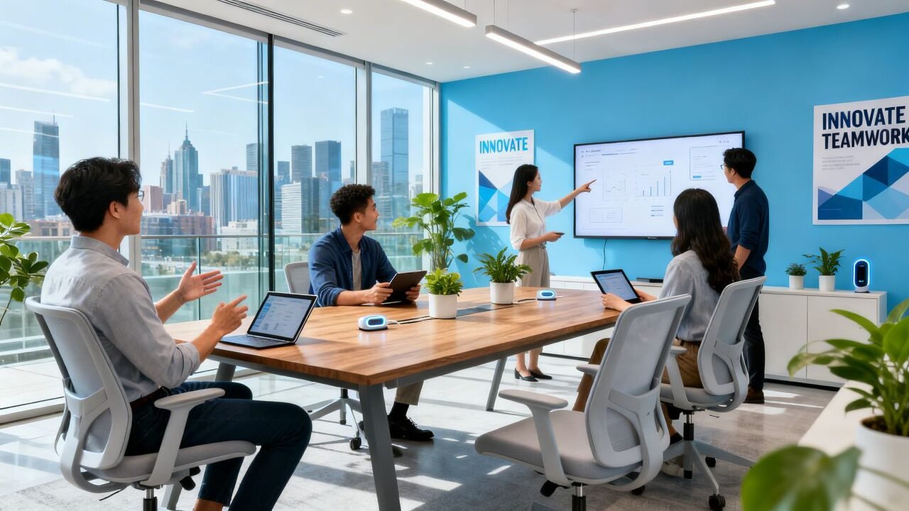 Professionnels collaborant dans un bureau moderne.