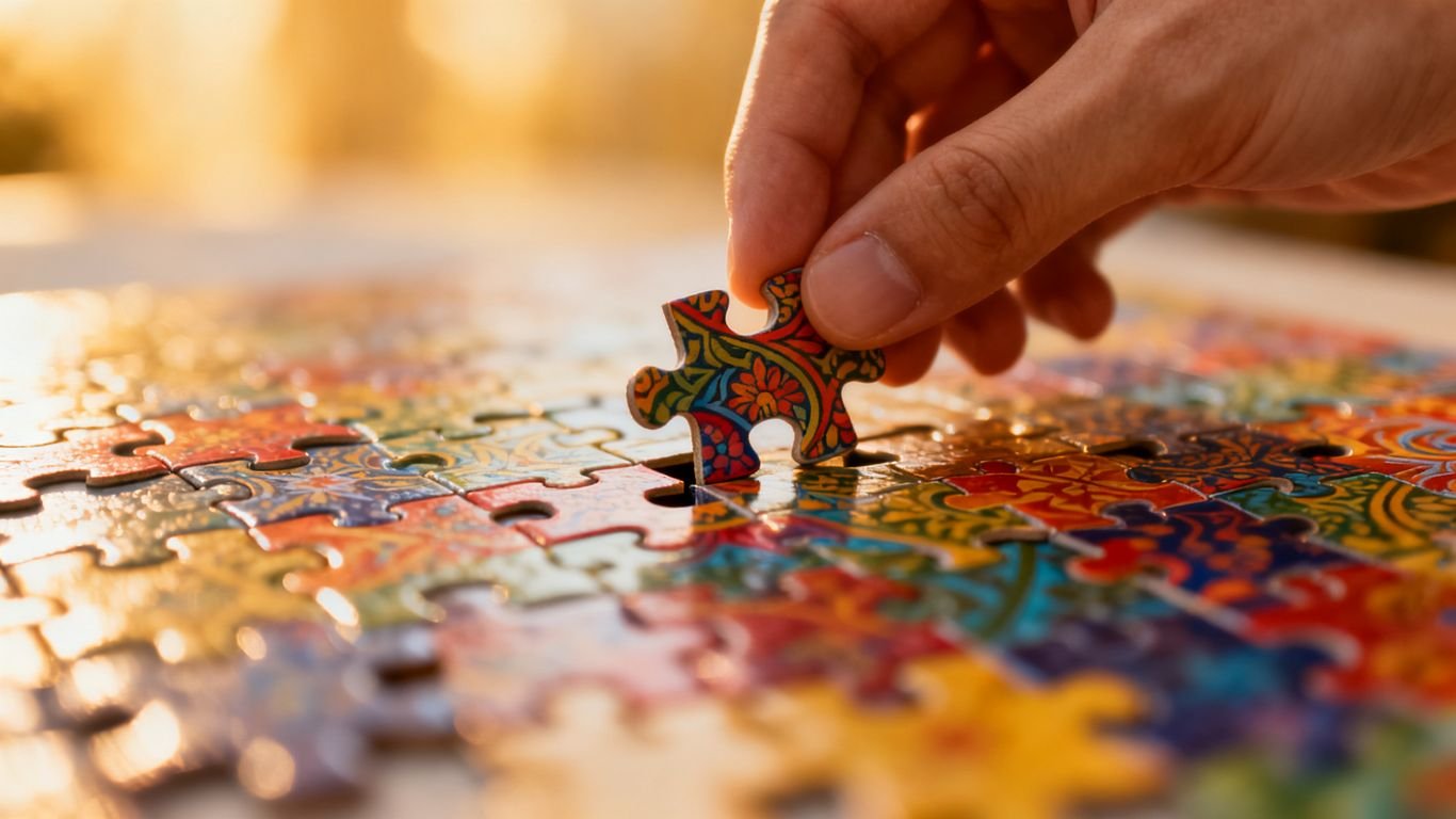 Main d'une personne complétant un puzzle complexe.