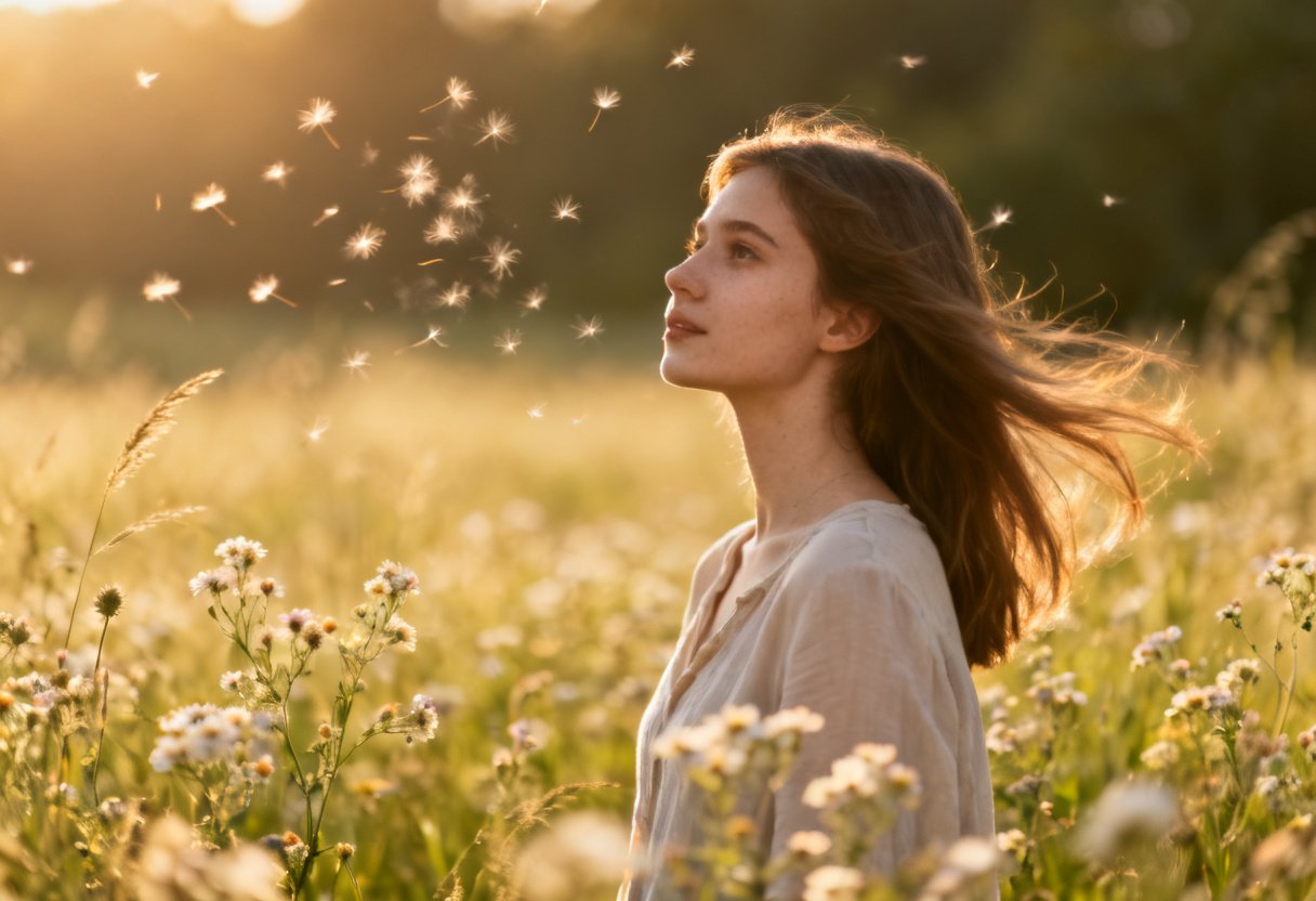 rhume des foins Femme dans un champ de graminées au printemps