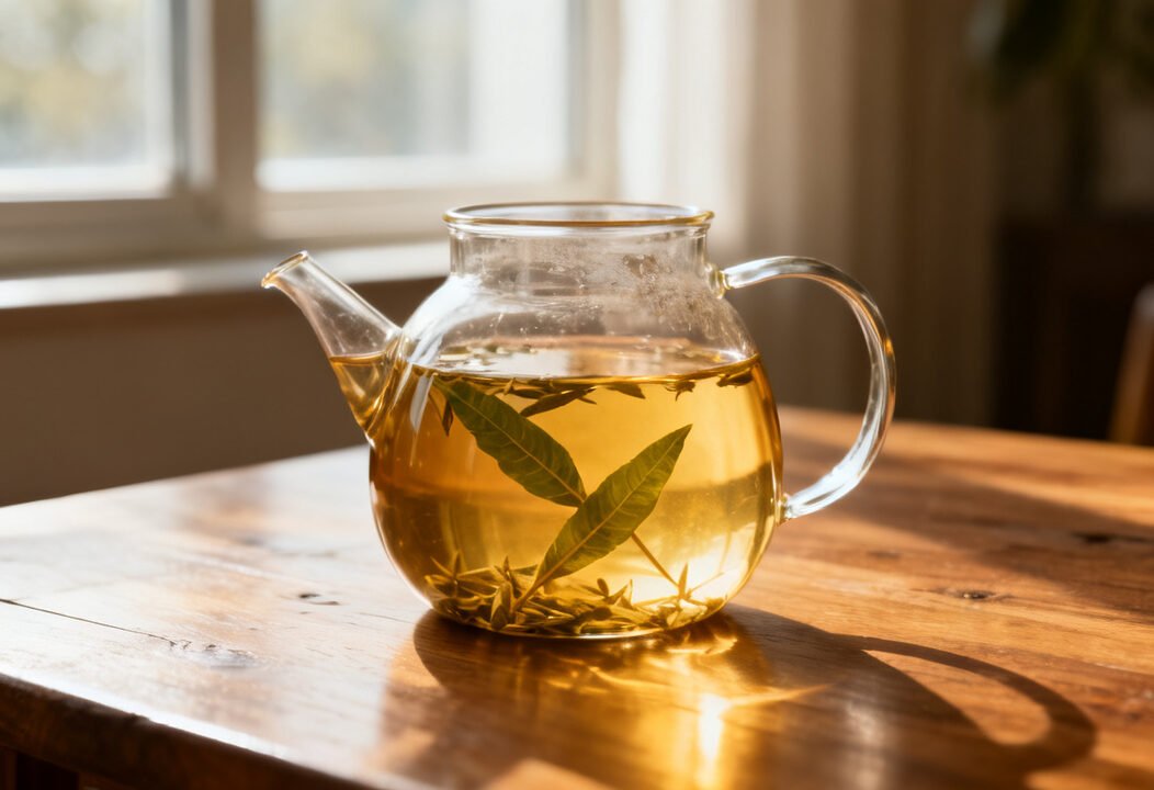 Rhume des foins Tisane de plantain lancéolé en infusion dans une théière en verre