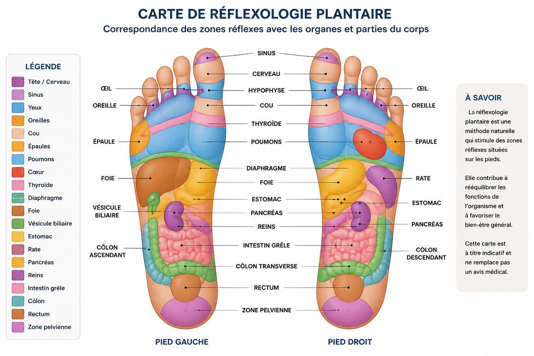 Réflexologie plantaire Carte des zones réflexes du pied avec organes correspondants