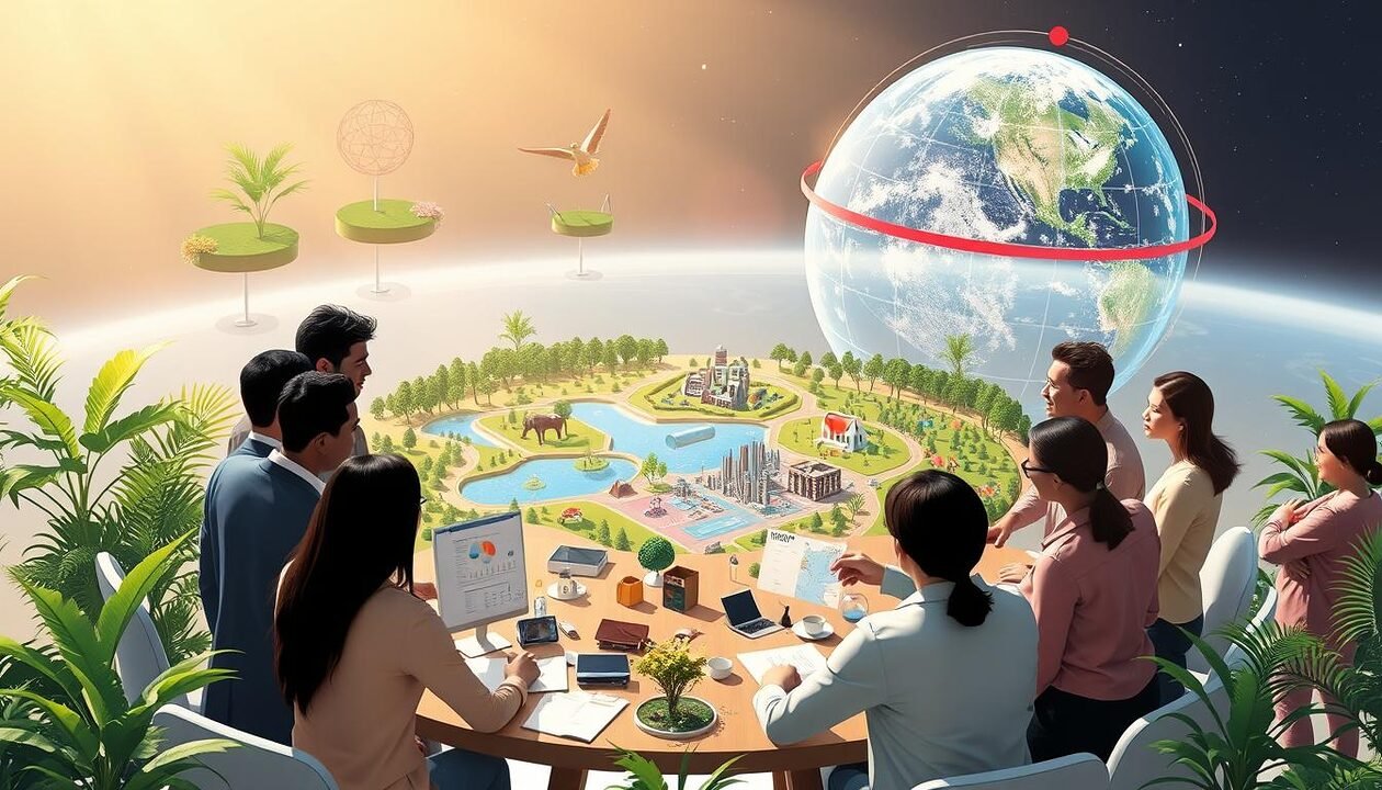 A dynamic, visually compelling illustration depicting the interactions between planetary boundaries and a systemic approach. In the foreground, diverse individuals in professional attire engage in collaborative discussions around a large, circular table filled with data charts, models, and green plants, symbolizing sustainability. The middle ground features a vibrant, interconnected web of ecosystems, highlighting elements like forests, oceans, and urban environments, representing the complexity of natural systems. In the background, a striking visual of the Earth from space, surrounded by colorful diagrams of planetary limits. Soft natural lighting creates an optimistic atmosphere, emphasizing a sense of innovation and teamwork. The overall mood should inspire hope and the urgency of addressing ecological challenges through cooperation and insight.